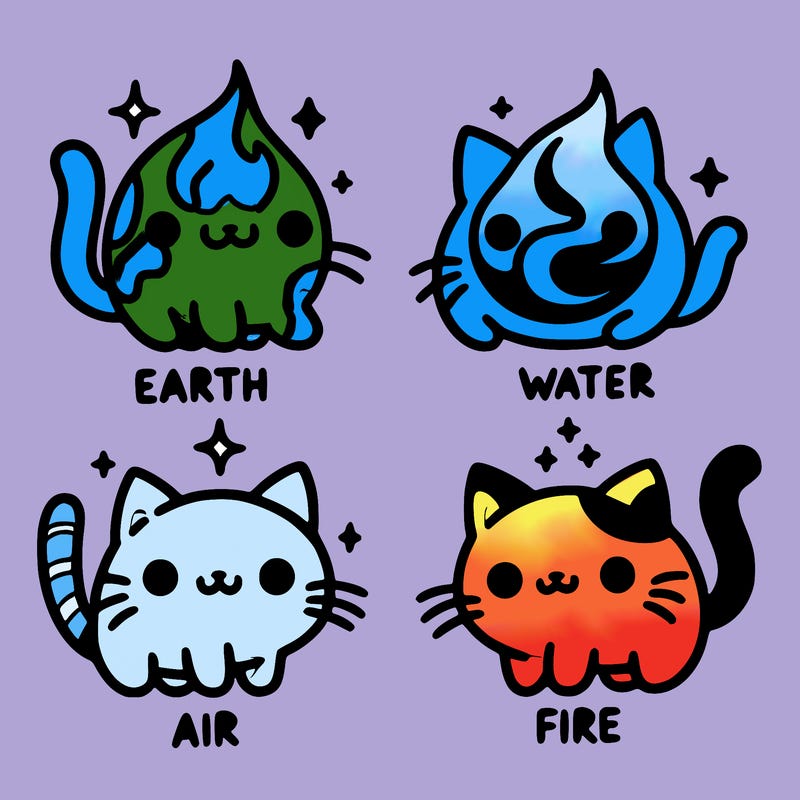 4 cats that represent the different elements, earth, water, air, and fire