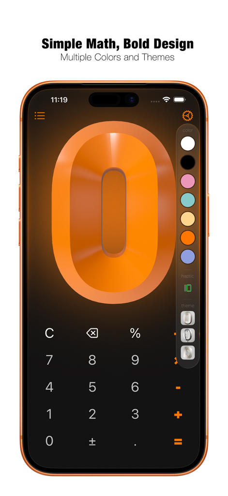 Calculator DE - Screenshot of Calculator DE showing a large 3D orange number and a sidebar with color theme options.