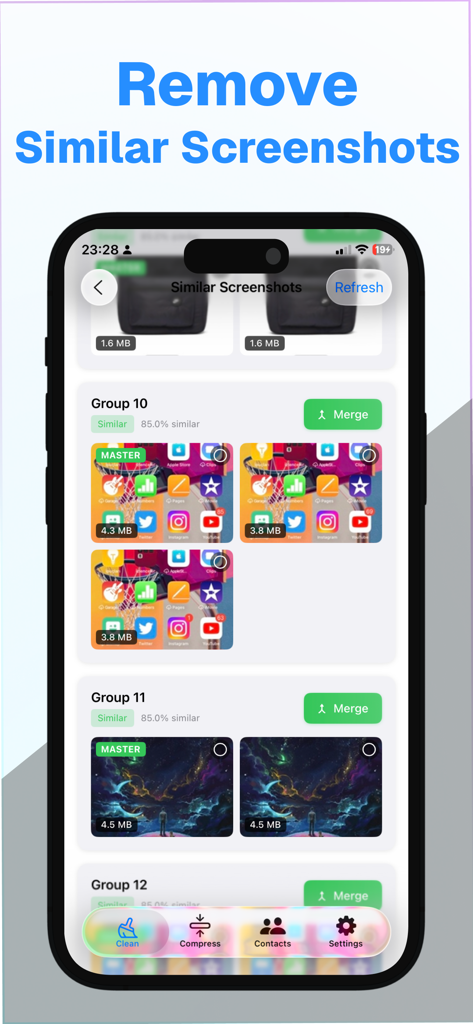Storage Cleaner - iCleanup - iCleanup app interface showing similar screenshots grouped by AI for merging and deletion