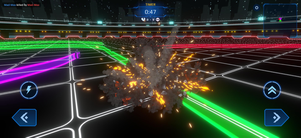 Action gameplay from Neon Bike Battle showing a large explosion in a neon grid arena with colorful light trails
