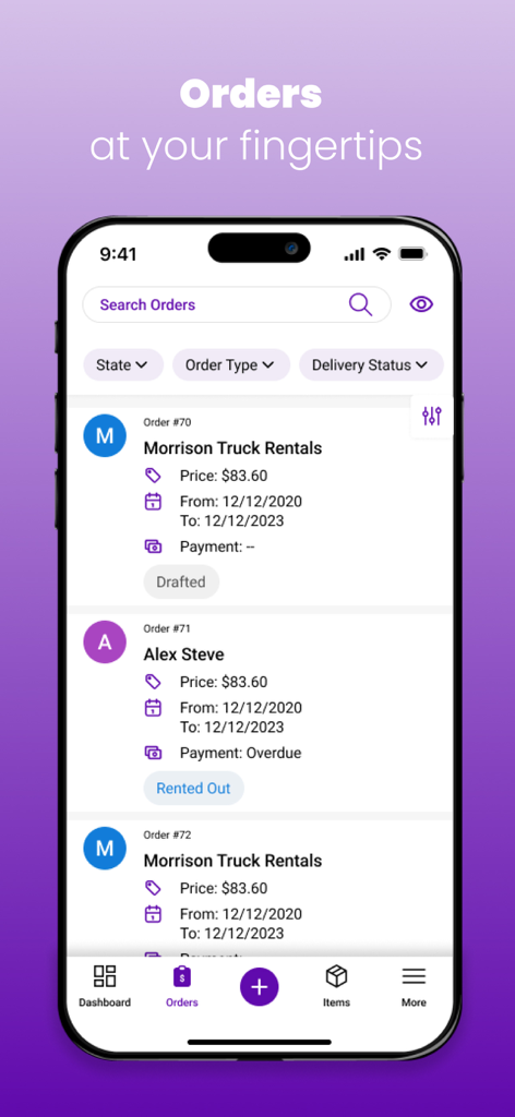 EZRentOut - EZRentOut mobile app screen showing a list of equipment rental orders with pricing and status details