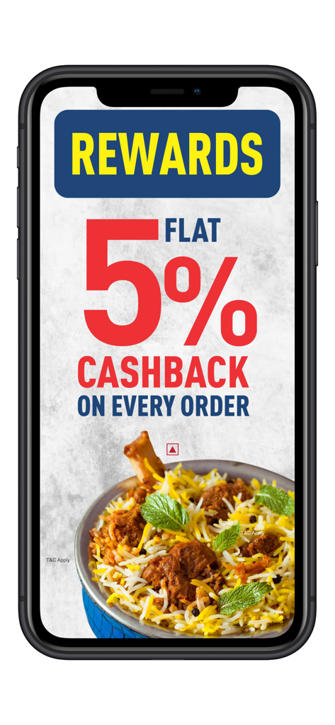 Biryani Blues Order Online - Biryani Blues app interface showing a five percent cashback reward on every order