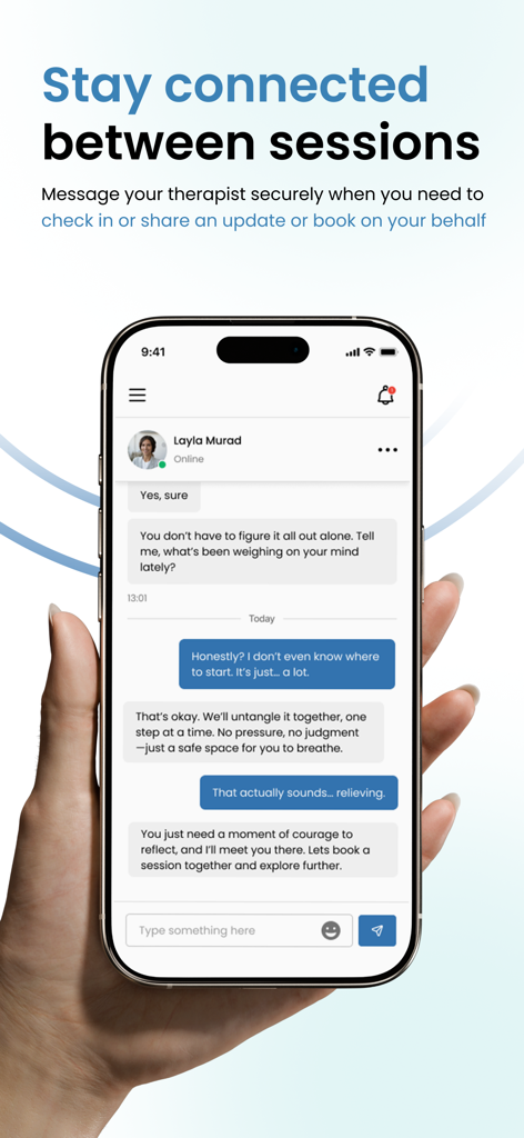 Secure chat interface in the Talktime therapy app on a smartphone.