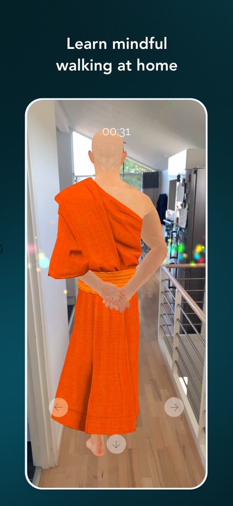 Pause: daily mindfulness - A 3D monk in an orange robe guiding a mindful walking exercise in a home hallway using augmented reality