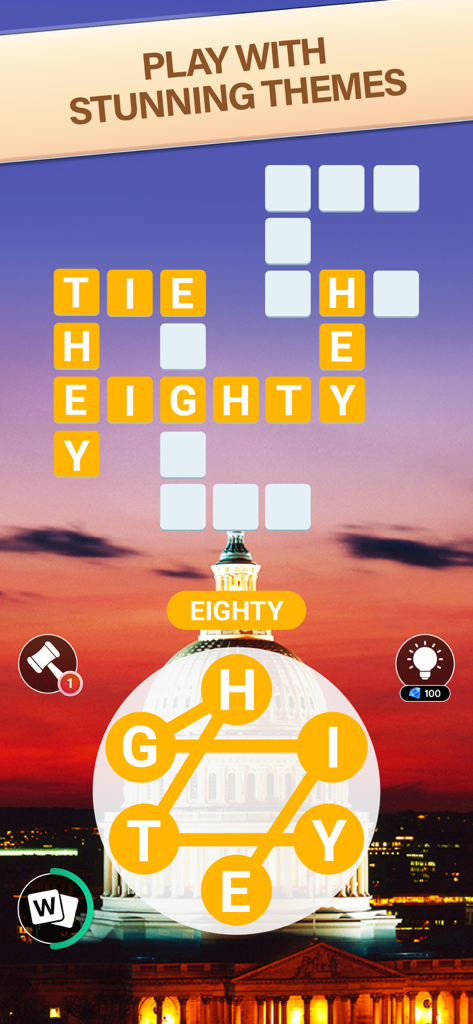 Word City: Connect Word Game - Word City Connect Spieloberfläche, die ein Worträtsel über einem Hintergrund eines Sonnenuntergangs mit einem Wahrzeichen von Washington DC zeigt