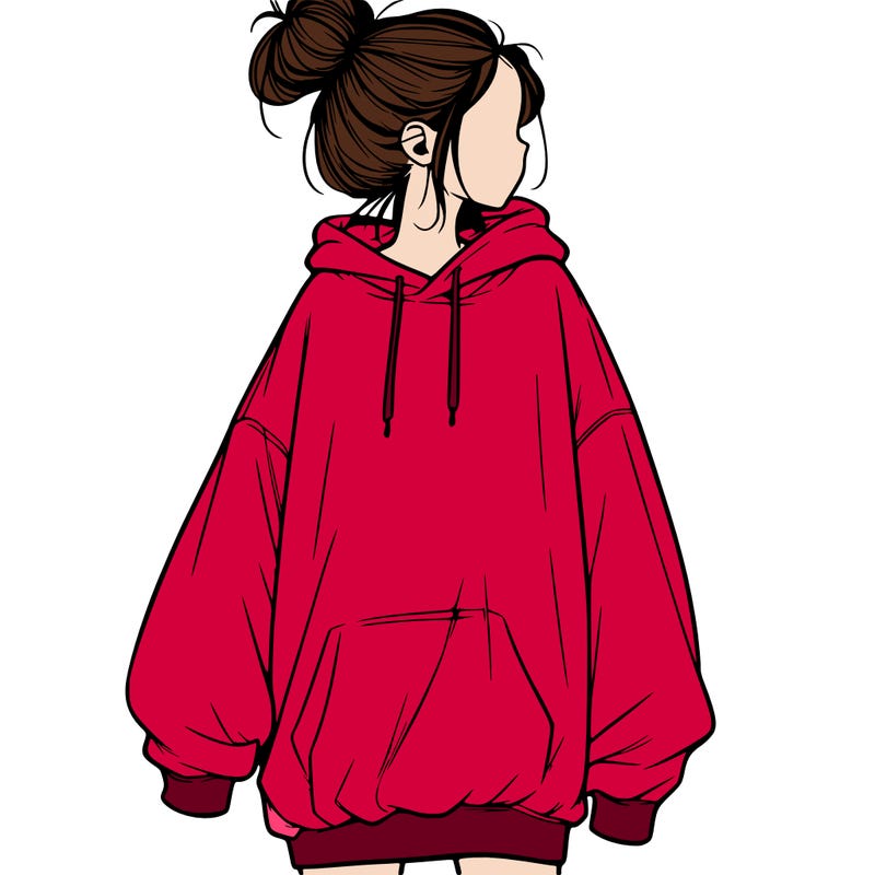 realistic girl with a oversized sweatshirt on and a bun