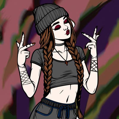realistic teenage girl with braids and a beanie and crop top doing 🫶🏼