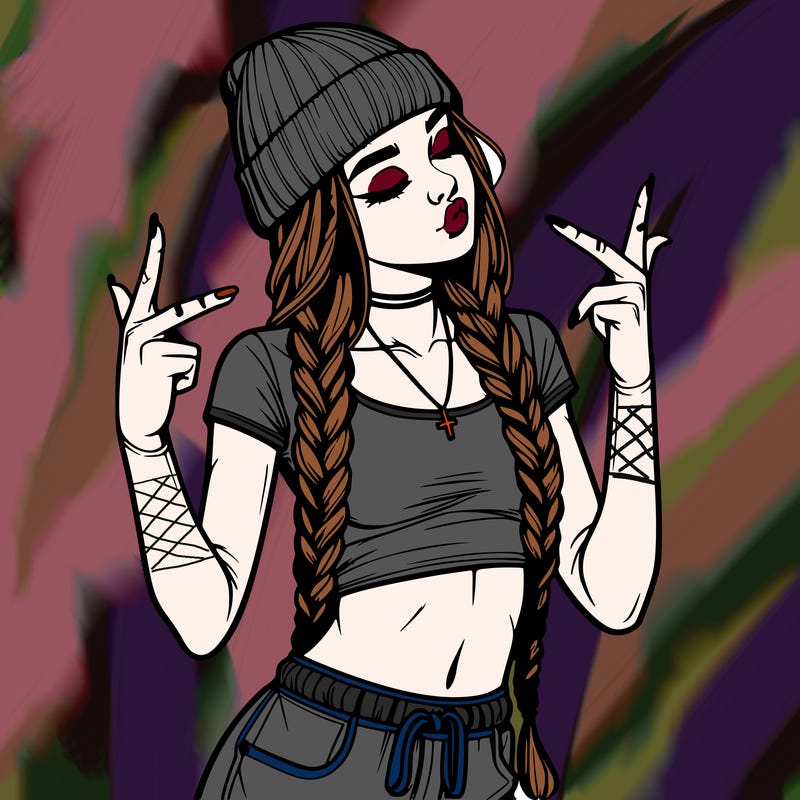 realistic teenage girl with braids and a beanie and crop top doing 🫶🏼