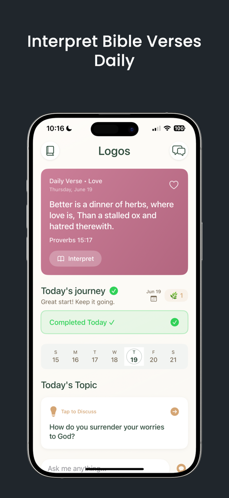 Logos: Bible Chat and Faith - Pantalla de inicio de la aplicación Logos Bible Chat que muestra la interpretación de un versículo diario y el seguimiento del crecimiento espiritual.
