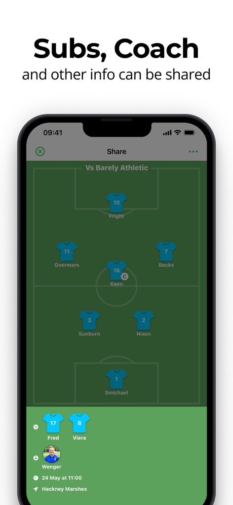 Soccer Line Up Builder - Pro - A mobile app screenshot showing a soccer lineup with substitutes and coach information ready for sharing.