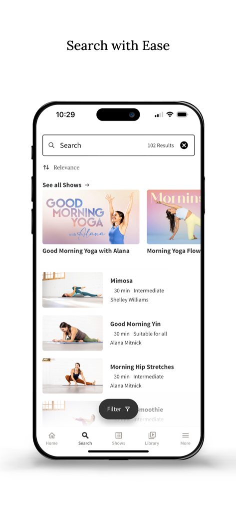 Yoga Anytime - Yoga Classes - Suchbildschirm der Yoga Anytime App mit verschiedenen Yogakursen und thematischen Shows