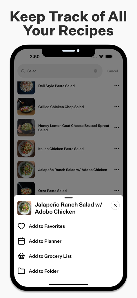Cook Well - For Home Cooks - Cook Well app interface displaying recipe search results for salad and a quick action menu to add recipes to favorites or the meal planner