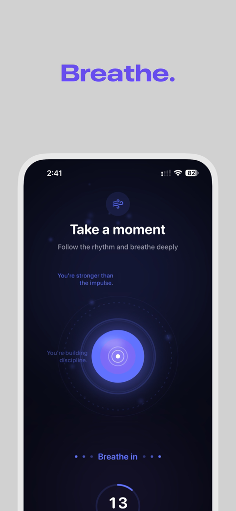 Focus App Blocker - Pantalla del desafío de ejercicio de respiración guiada en Focus App Blocker para desbloqueo consciente de aplicaciones.
