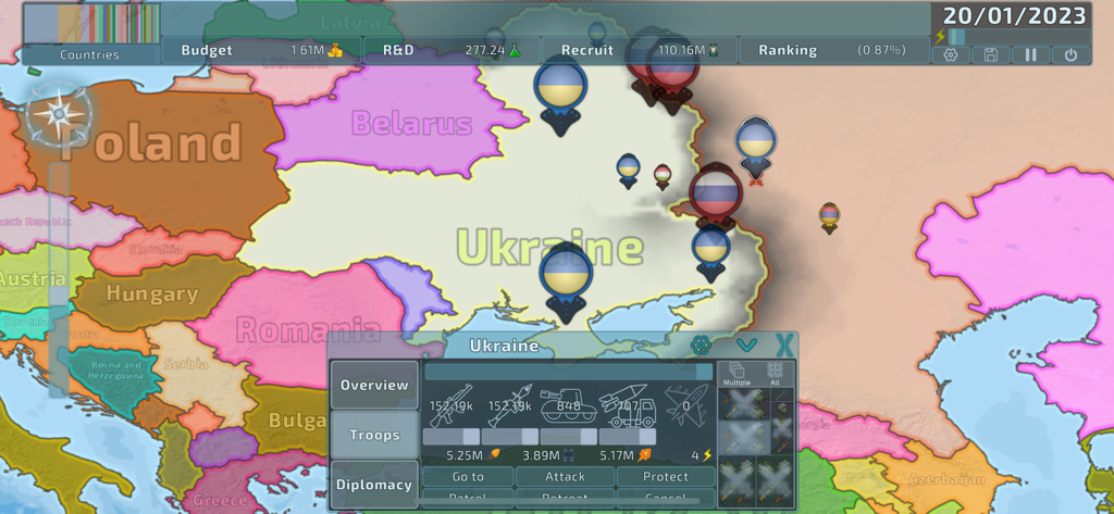 A gameplay screenshot of Dummynation showing a geopolitical map with military unit management and national budget controls