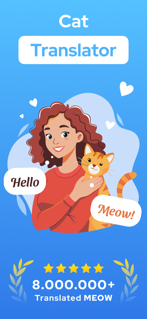Cat Translator – Pet to Human - Donna che abbraccia un gatto nella schermata principale dell'app Cat Translator con una valutazione di cinque stelle