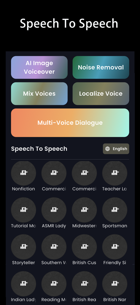EchoVoice app interface showing the speech to speech feature with various AI voice profiles and audio editing tools like noise removal and multi voice dialogue