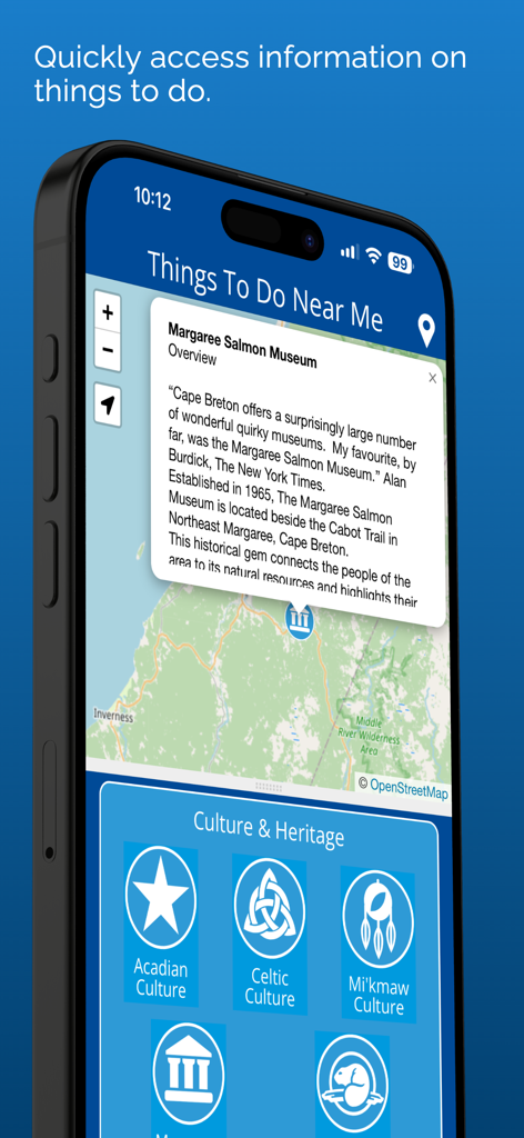 Visit Cape Breton 모바일 앱이 지역 명소와 문화 및 유산 범주가 있는 지도를 보여줍니다.
