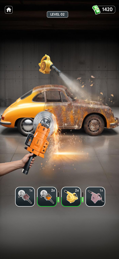Car Wash Games: Repair Garage - A player uses power tools to remove rust and debris from a classic car in the Car Wash Games Repair Garage app