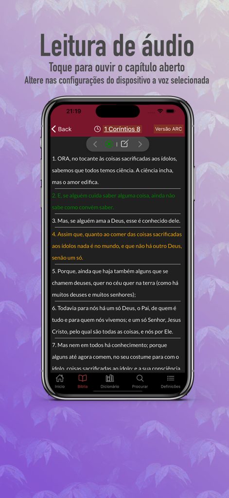 Audio reading interface of the Portuguese Bible app showing scripture text with audio playback controls.