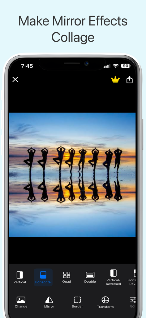 夕暮れ時のヨガのシルエット写真に水平ミラー効果を適用した、フォトコラージュメーカーアプリのスクリーンショット。