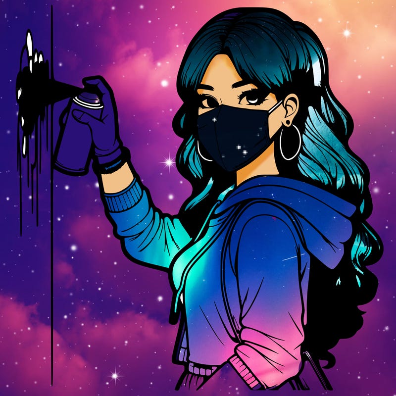 realistic girl with mask spray painting a wall