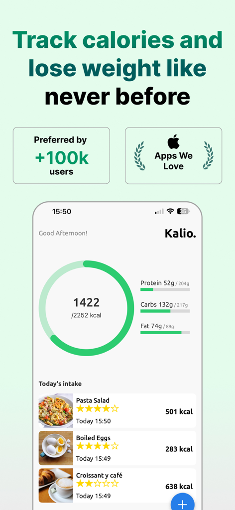 Interfaccia dell'app Kalio che mostra calorie, macro e registro giornaliero dell'assunzione di cibo