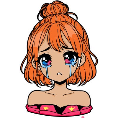 a beautiful crying girl with short hair in a tiny messy bun and looks emotionless
