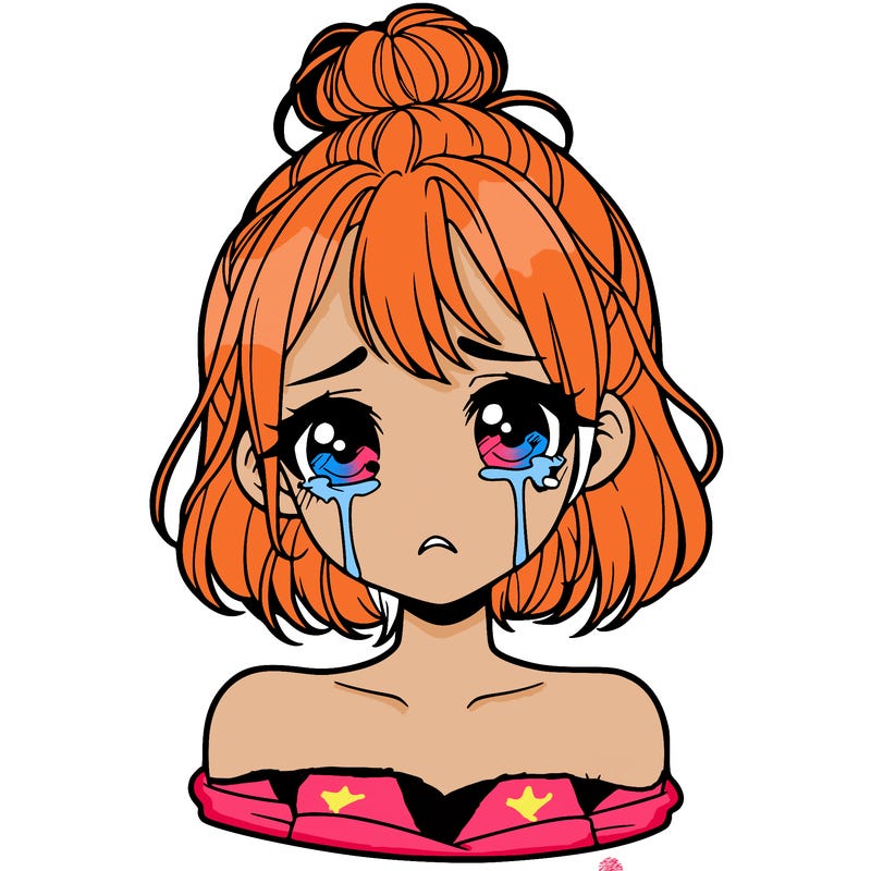 a beautiful crying girl with short hair in a tiny messy bun and looks emotionless