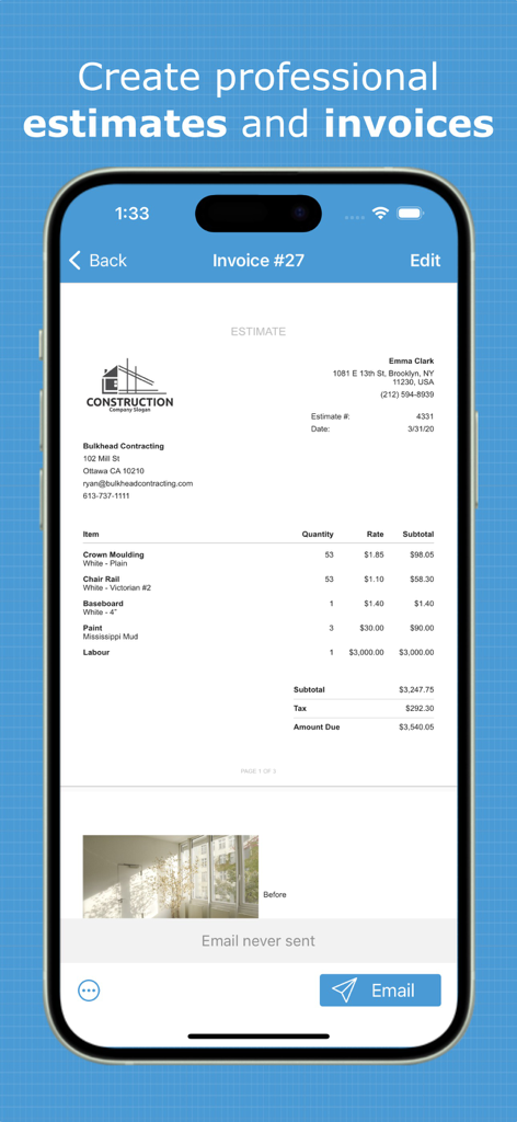 Pantalla de smartphone mostrando un presupuesto y una factura de construcción profesional en la app Probuild.