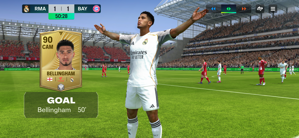 Jude Bellingham celebrating a goal in EA SPORTS FC Mobile with his 90 CAM player card displayed