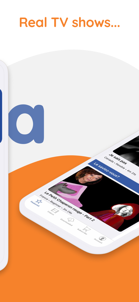 Yabla French - A smartphone screen displaying the Yabla French app with a library of real French TV shows and videos.