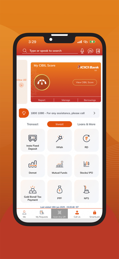 The Invest screen of the iMobile app by ICICI Bank displaying various investment and saving options.