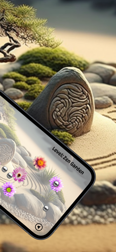 Zen Garden - Captura de pantalla del juego de la aplicación Jardín Zen que muestra bolas plateadas siendo guiadas hacia flores en un sereno jardín de arena japonés.