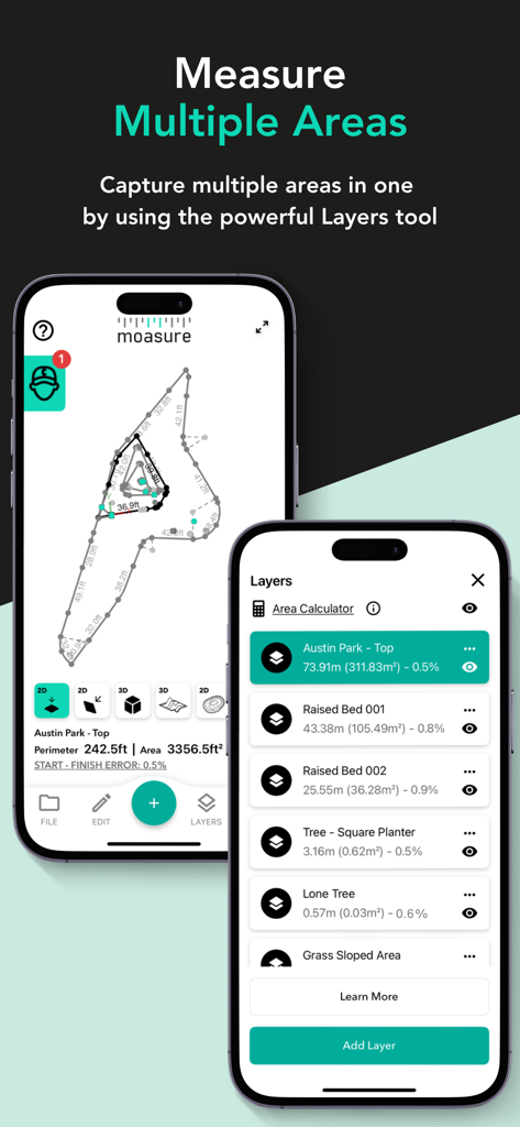 Moasure - Moasure app interface showing multiple measured areas organized with the layers tool