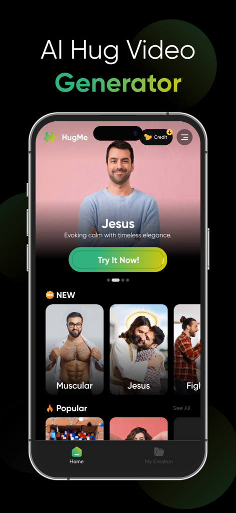 AI Hug Video Maker - HugMe - Mobile app interface of AI Hug Video Maker showing various video generation templates