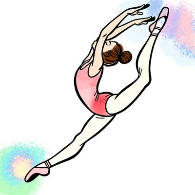 gymnast doing a leap in a leotard with a bent back leg