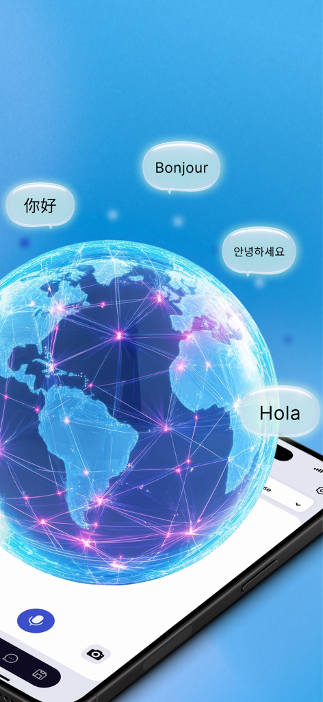 GoTranslator app interface featuring a digital globe and speech bubbles with multilingual greetings