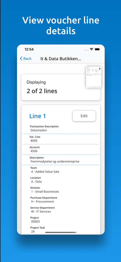 Pantalla de la aplicación Visma Manager que muestra información detallada de las líneas del comprobante para la aprobación de gastos comerciales.