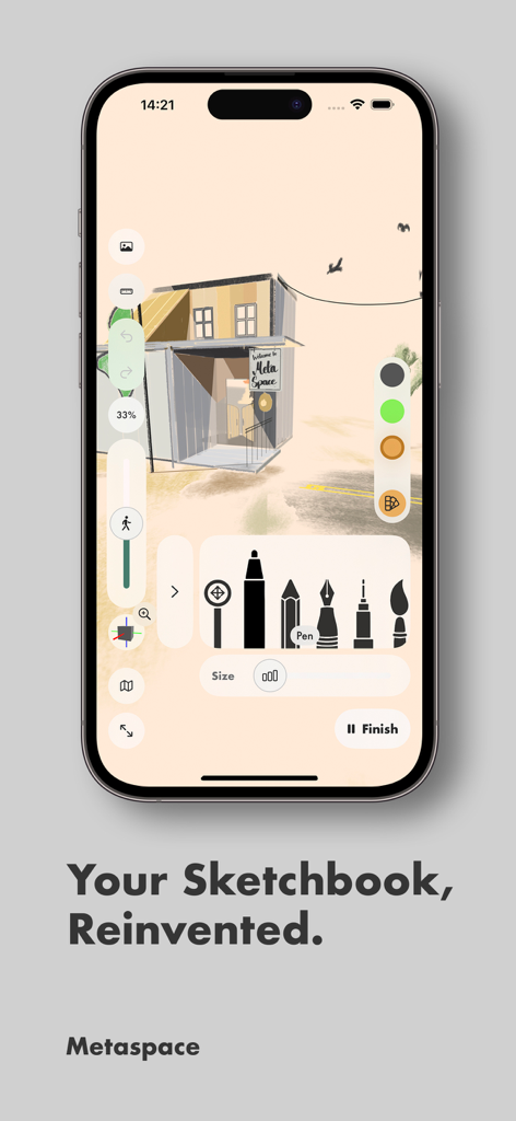 Metaspace - 3D Sketchbook - Metaspace 3D sketchbook app on iPhone showing a building sketch with drawing tools and a color palette