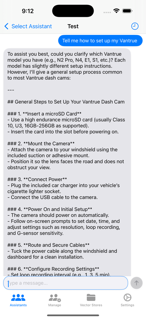 OpenAssistant - Mobile app chat screen showing a detailed AI response with step by step technical instructions for a dash cam setup