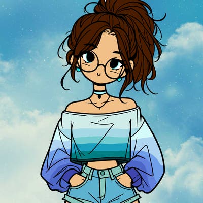 girl with a messy ponytail glasses a baggy crop top and jean shorts