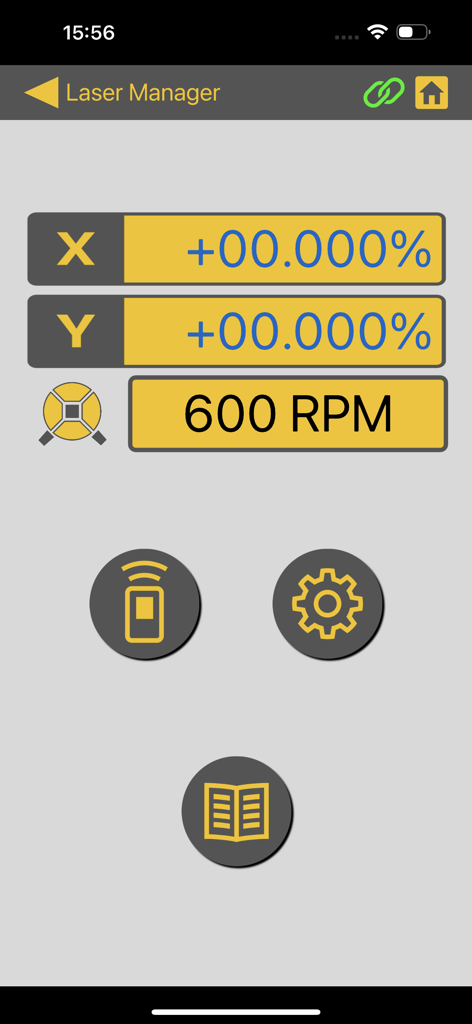 Interface do aplicativo Topcon Laser Manager mostrando configurações de nivelamento do laser e velocidade de rotação