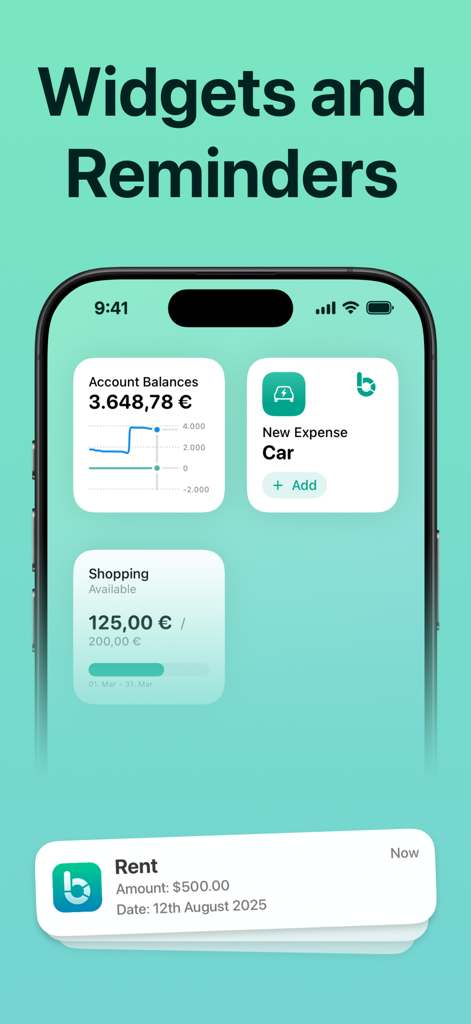 Budget Flow | Expense Tracker - iPhone home screen showing Budget Flow widgets for account balances and shopping progress along with a rent payment notification