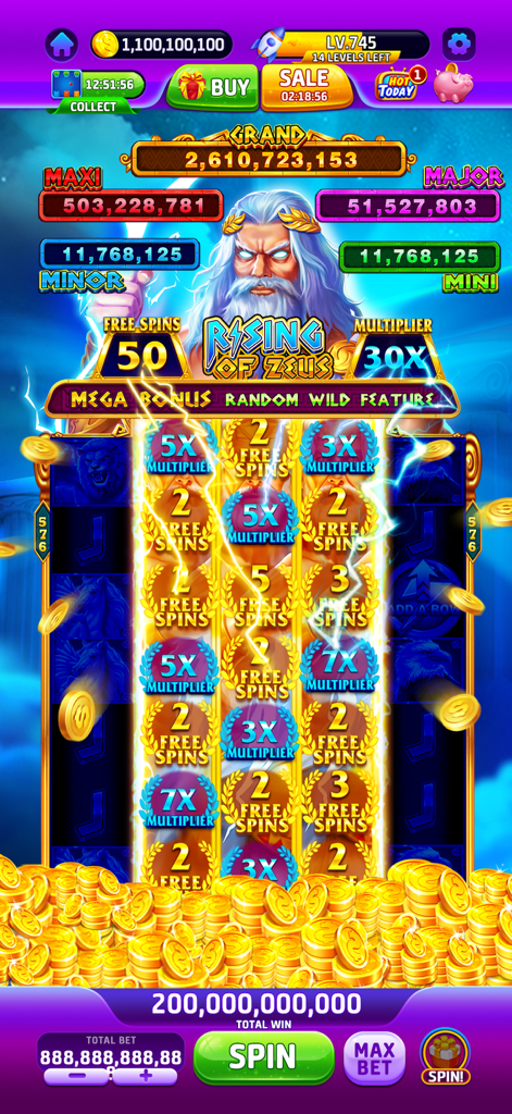 Buffalo Slots™-Casino Jackpots - Una máquina tragaperras temática de Zeus en Buffalo Slots mostrando una enorme ganancia de monedas y multiplicadores