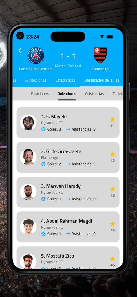 Futbol Argentina - EN VIVO - Una pantalla de aplicación móvil que muestra una lista clasificada de los máximos goleadores de fútbol con los nombres de sus equipos, goles y asistencias