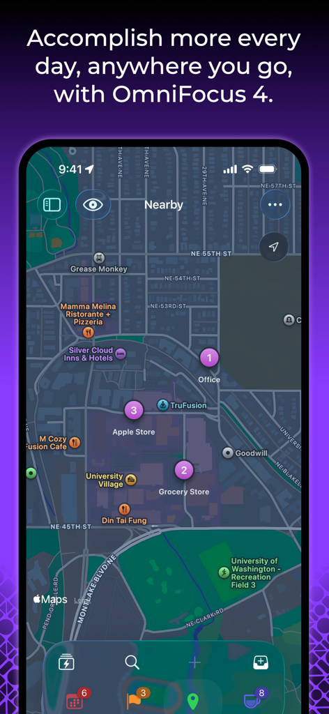 Interface do OmniFocus 4 mostrando tarefas baseadas em localização numa vista de mapa da cidade.