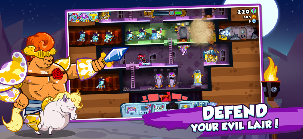 Gameplay screenshot of Castle Doombad showing heroes attacking a multi-level evil lair filled with traps and minions