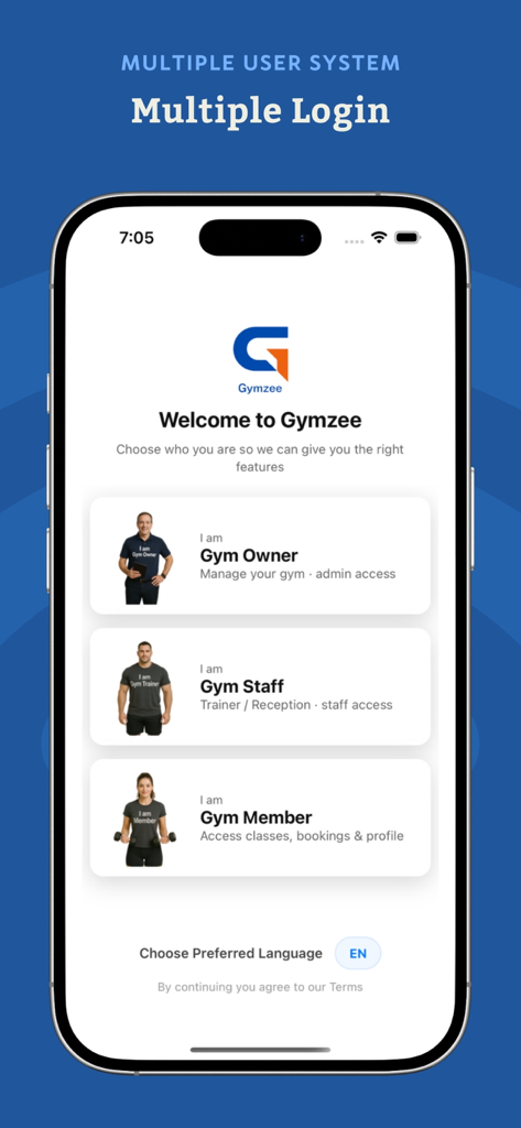 Gymzee : Gym Management App - Gymzee app login screen showing separate access options for Gym Owner Gym Staff and Gym Member