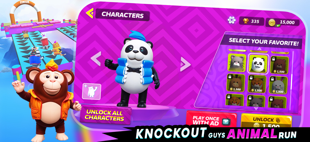 Écran de sélection de personnage Animal Fall.io montrant un panda et divers avatars d'animaux déblocables