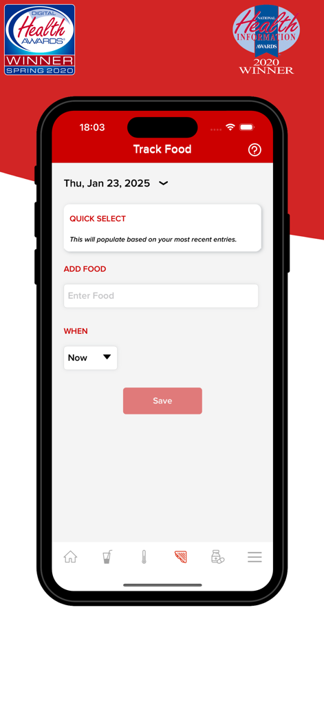 The food tracking interface of the Blood Cancer United Health App.